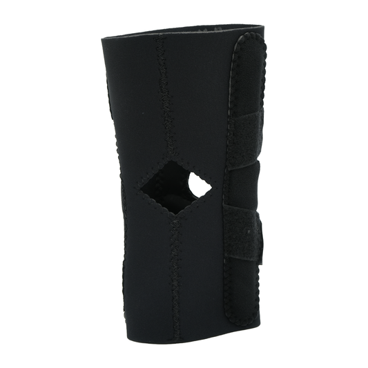 Black hinged lateral "J" brace with adjustable Velcro straps, cutout design, made in the USA, best orthopedic braces, RCAI.