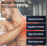 Man wearing black over-the-shoulder humeral fracture brace on left arm, promoting made in the USA, RCAI, B2B orthopedics.