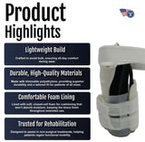Product highlights for over-the-shoulder humeral fracture brace in black and gray, emphasizing lightweight build, durable.