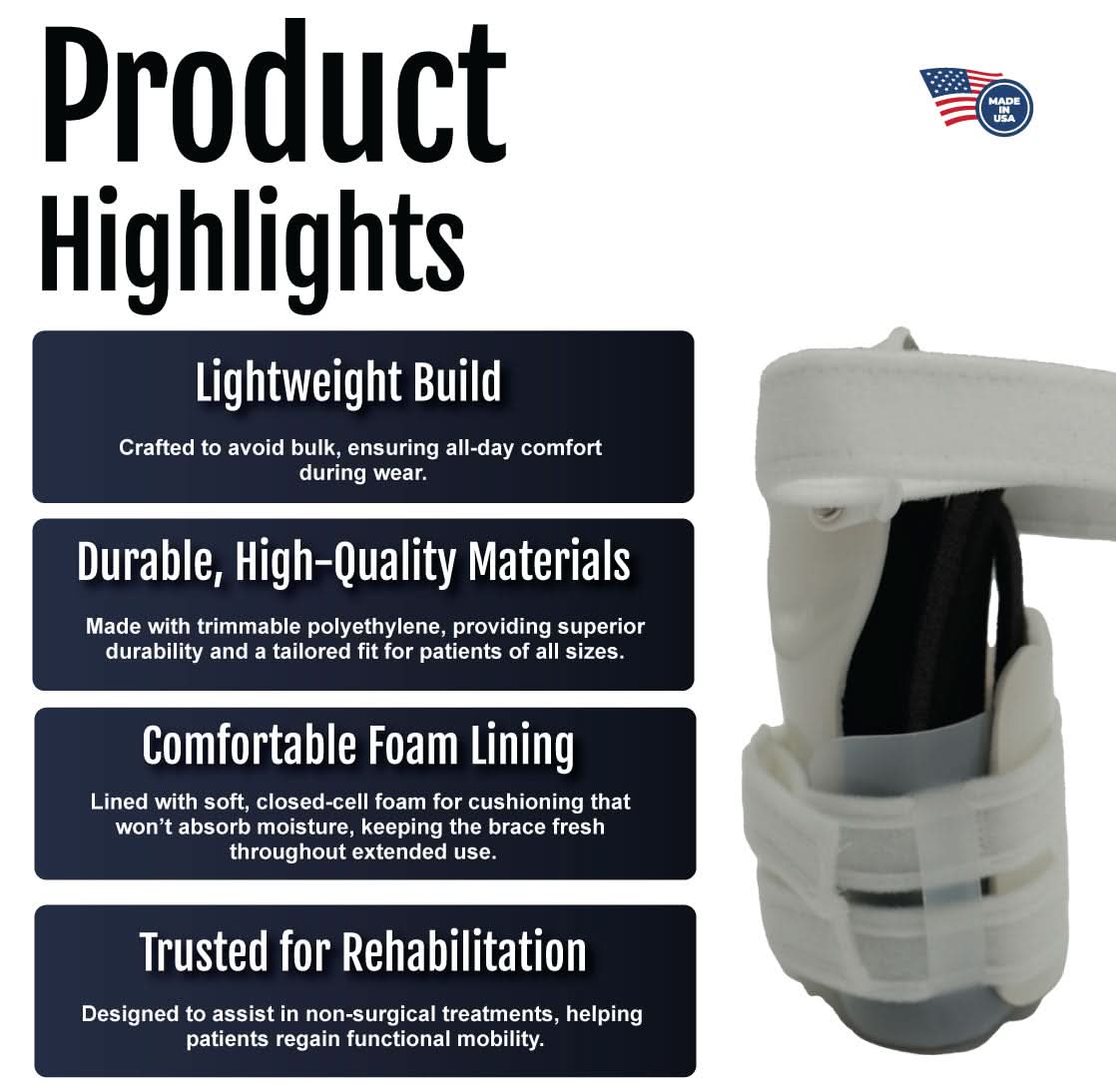 Product highlights for over-the-shoulder humeral fracture brace in black and gray, emphasizing lightweight build, durable.