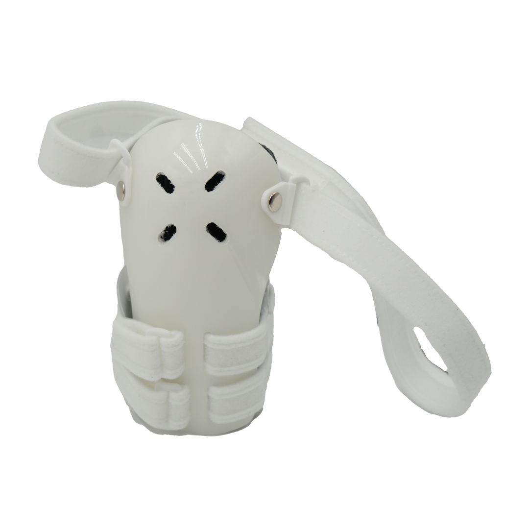 White over-the-shoulder humeral fracture brace with adjustable straps and vented plastic molded support, made in the USA,.
