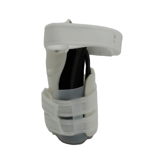 White and black over-the-shoulder humeral fracture brace with adjustable straps, made in the USA, featuring breathable.
