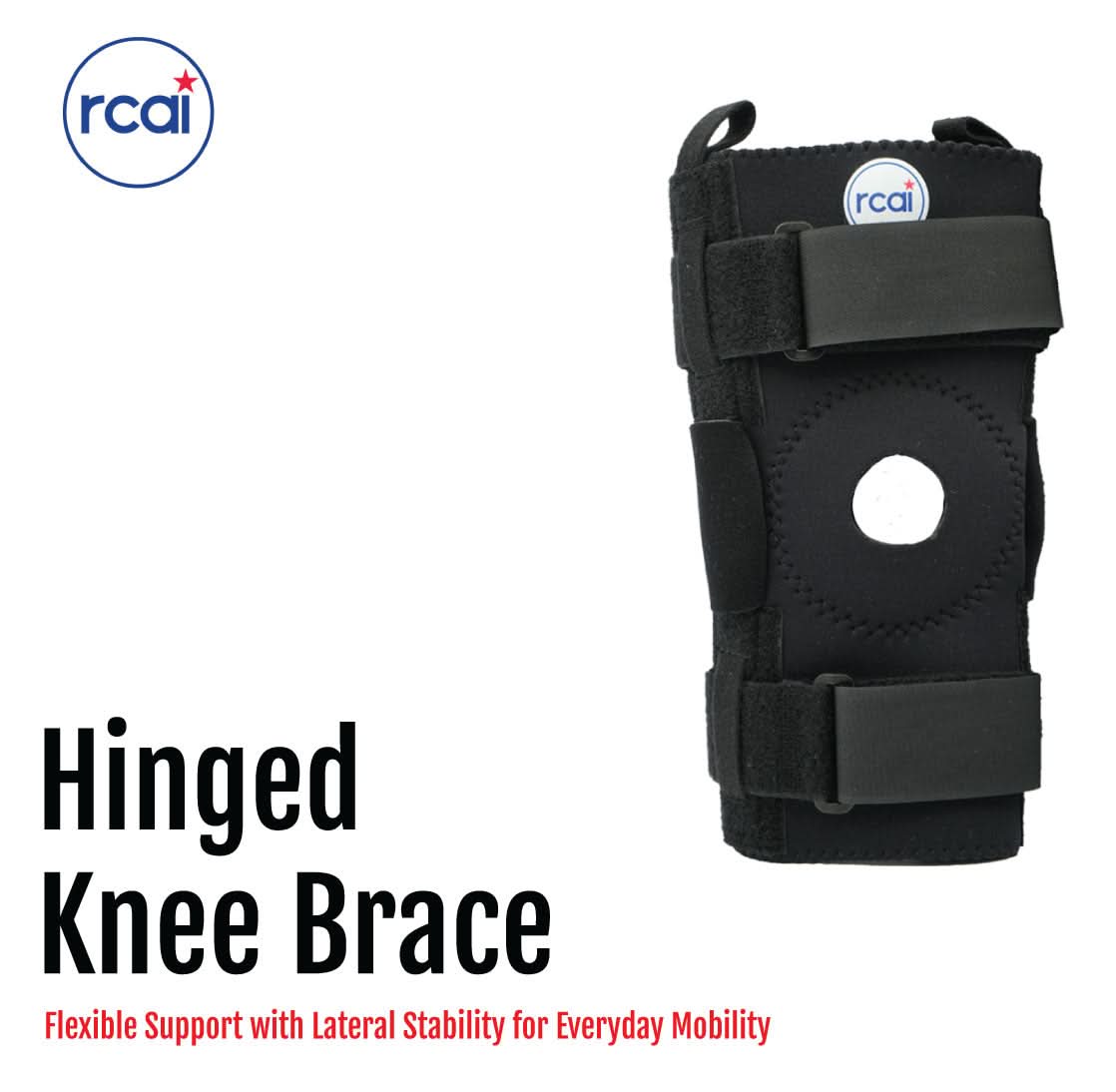 Black hinged knee brace with adjustable Velcro straps and open patella design, made in the USA, RCAI, best orthopedic braces .