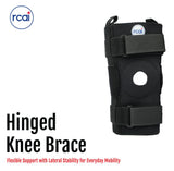 Black hinged knee brace with adjustable straps and knee opening, made in the USA by RCAI, best orthopedic brace for B2B.