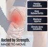 Hinged knee brace on knee with red pain highlight, showing RCAl logo, made in USA, best orthopedic braces for knee support.