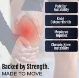 Knee wrapped in a gray hinged knee brace highlighting support areas, promoting relief for patellar instability,.