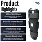 Black hinged knee brace with bilateral metal hinges, breathable airprene material, circumferential straps, and.