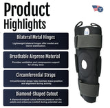 Hinged knee brace with bilateral metal hinges, breathable airprene material, circumferential straps, and diamond-shaped.