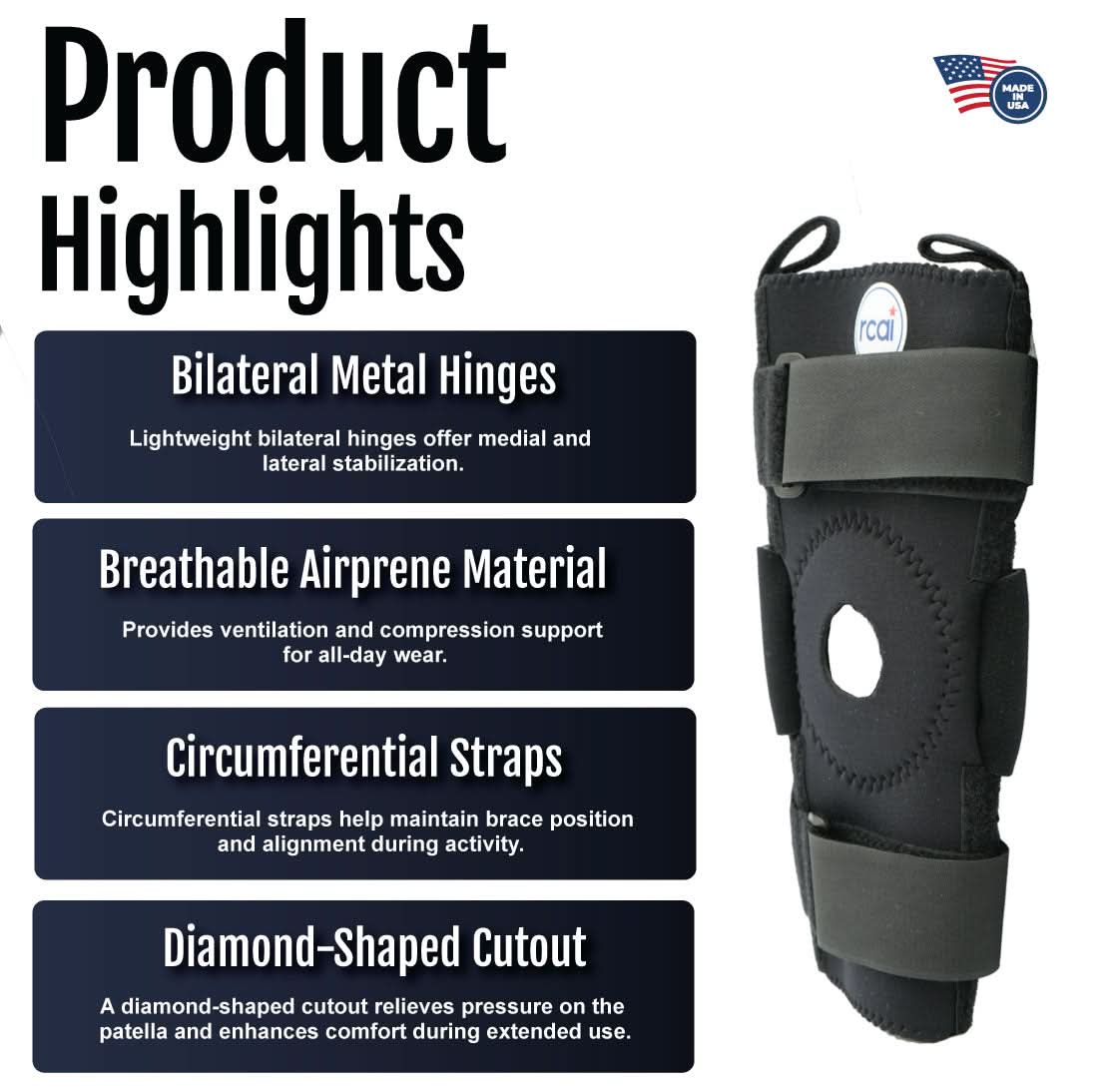 Hinged knee brace with bilateral metal hinges, breathable airprene material, circumferential straps, and diamond-shaped.