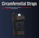 Black hinged knee brace with adjustable circumferential straps and open patella, featuring rcaI logo, designed for secure.