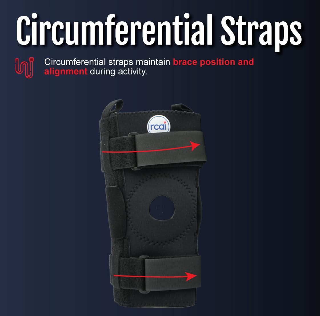 Black hinged knee brace with adjustable circumferential straps and open patella, featuring rcaI logo, designed for secure.
