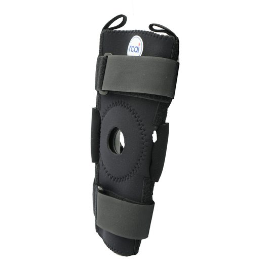 Black hinged knee brace with circular patella opening, adjustable Velcro straps, and small RCAI logo patch, made in the USA, .