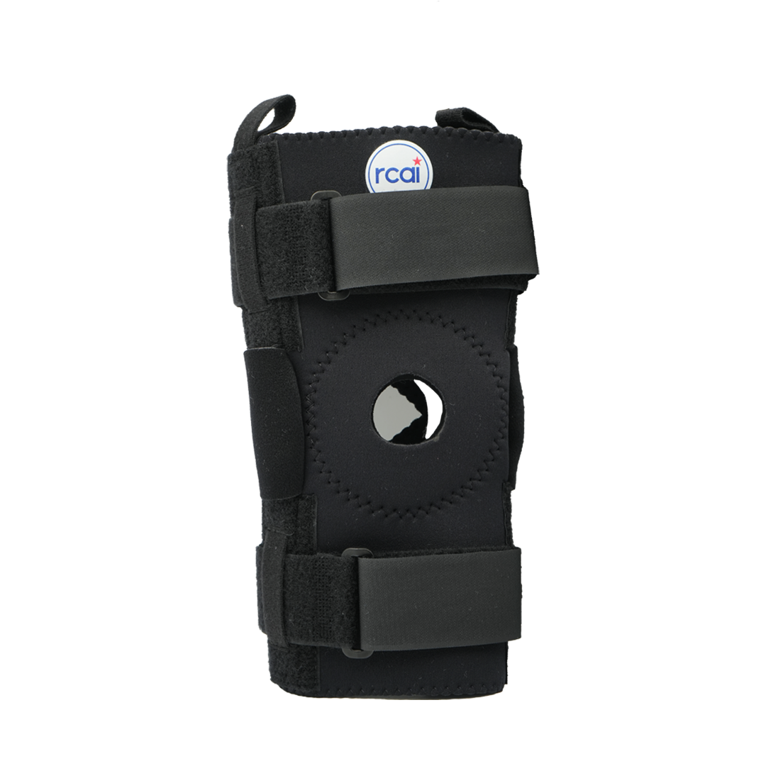 Black hinged knee brace with adjustable Velcro straps, circular open patella design, made in the USA by RCAI, best.