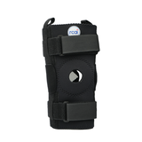 Black hinged knee brace with open patella, adjustable Velcro straps, made in the USA by RCAI, top B2B orthopedics wholesale.