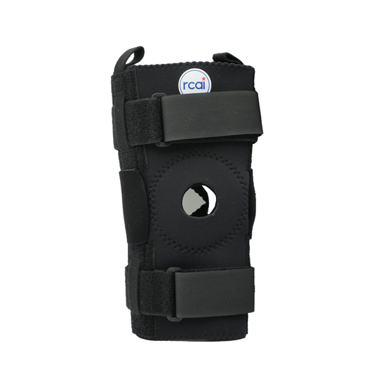 Black hinged knee brace with open patella, dual adjustable straps, made in the USA, RCAI, best orthopedic braces, B2B.