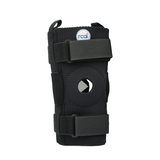 Black hinged knee brace with open patella, dual adjustable straps, made in the USA, RCAI, best orthopedic braces, B2B.