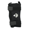Black hinged knee brace with adjustable velcro straps, breathable neoprene material, and cutout over the kneecap, made in.