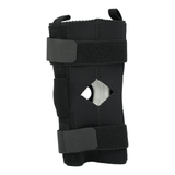 Black hinged knee brace with adjustable Velcro straps and open patella design, made in the USA, best orthopedic braces by.