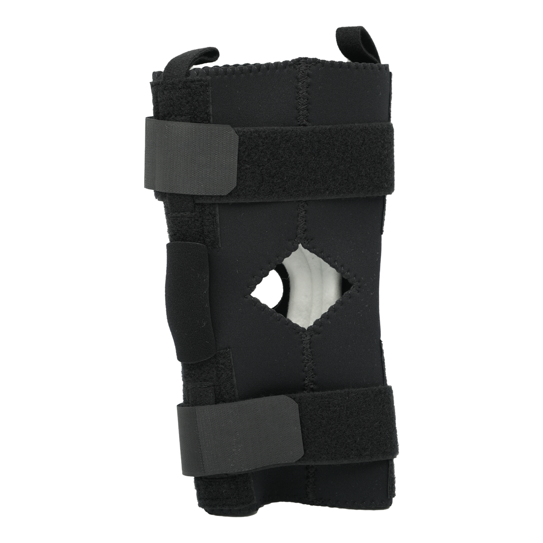 Black hinged knee brace with two adjustable straps, open patella design, made in the USA, best orthopedic braces for B2B.