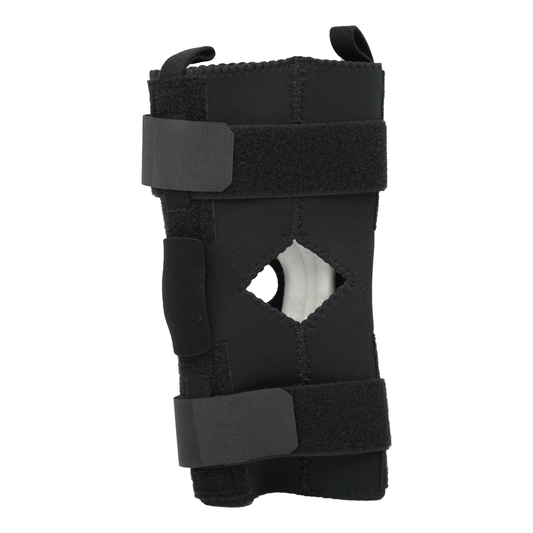 Black hinged knee brace with two adjustable straps, open patella design, made in the USA, best orthopedic braces for B2B.