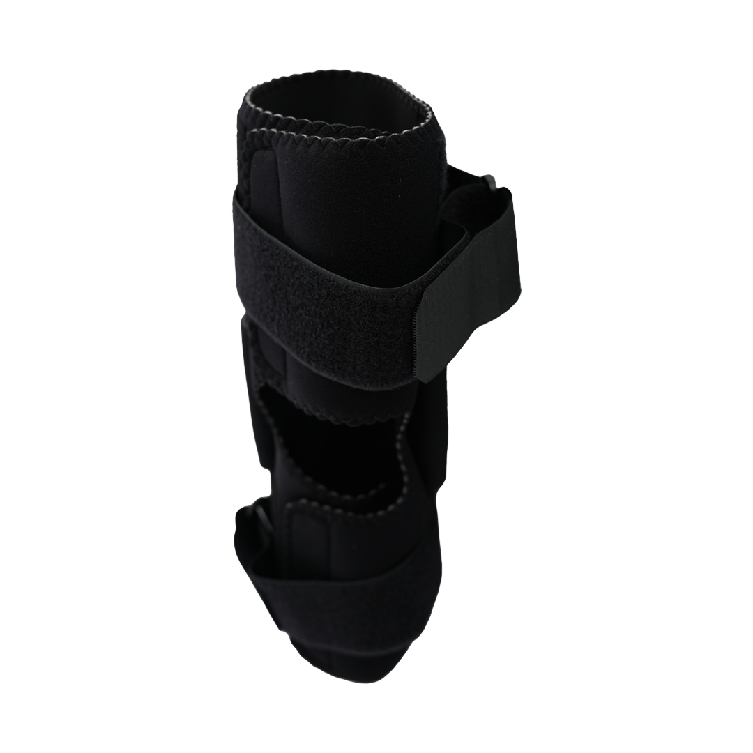 Black wrap knee brace with adjustable hook-and-loop straps, open patella design, made in the USA, best orthopedic braces by.