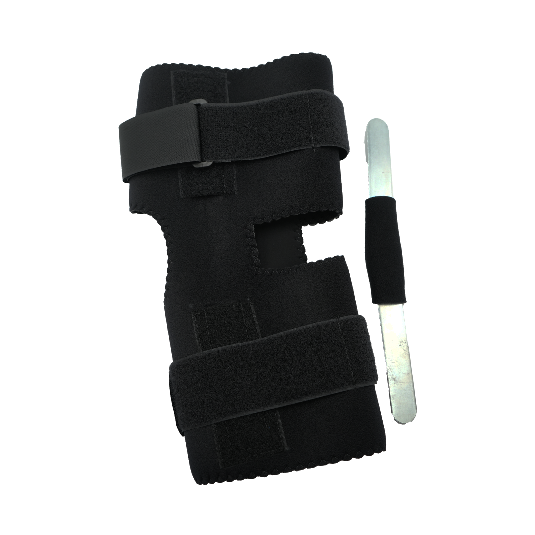 Black wrap knee brace with adjustable Velcro straps and a removable metal support bar, made in the USA, best orthopedic.