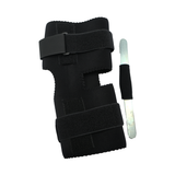 Black wrap knee brace with adjustable Velcro straps and a removable metal support bar, made in the USA, best orthopedic.
