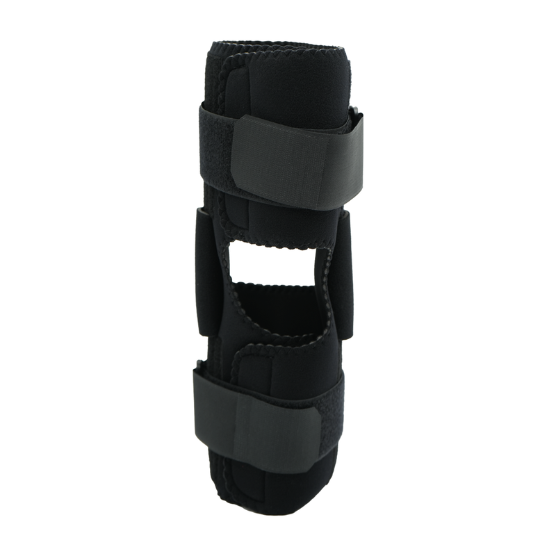 Black wrap knee brace with open knee cap design and two adjustable Velcro straps, made in the USA, best orthopedic braces,.