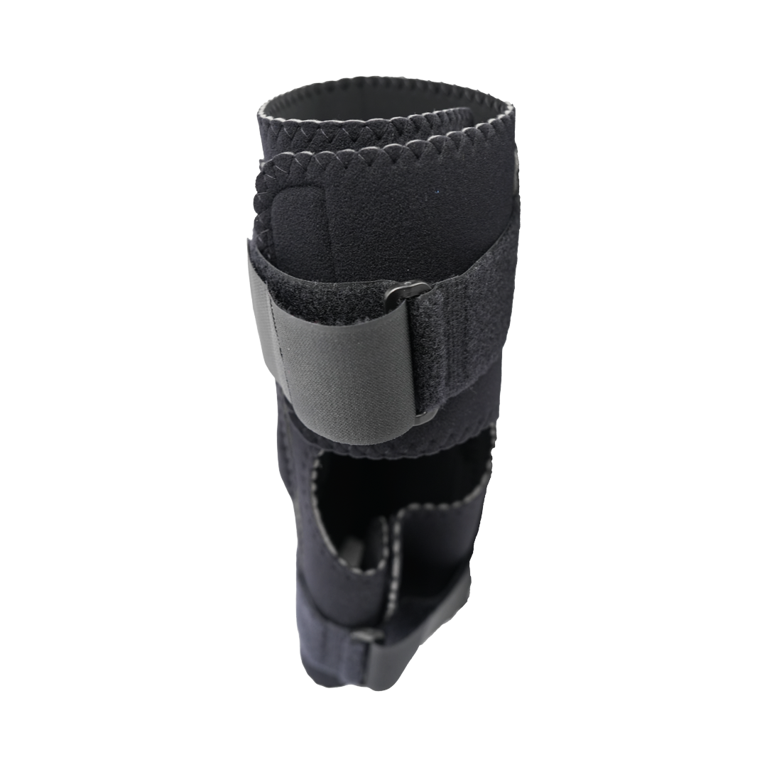 Black neoprene wrap-around knee brace with adjustable covered hinge and Velcro straps, made in the USA, RCAI, best.