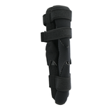 Black neoprene wrap-around knee brace with covered hinge, adjustable Velcro straps, designed for free range of motion, made.