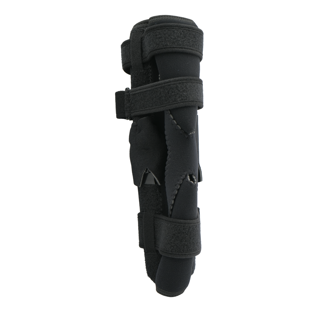Black neoprene wrap-around knee brace with covered hinge, adjustable Velcro straps, designed for free range of motion, made.