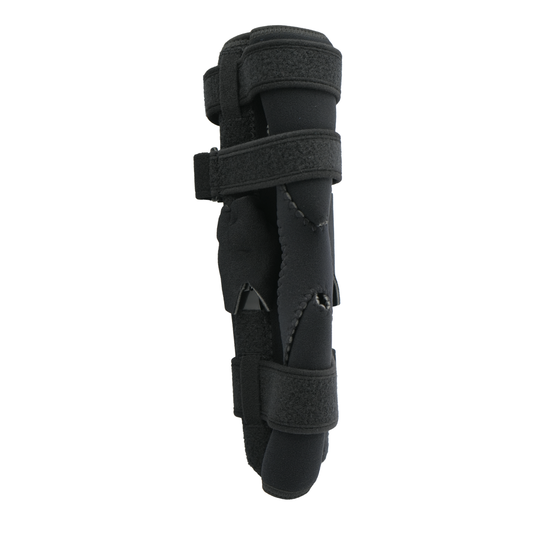 Black neoprene wrap-around knee brace with covered hinge, adjustable Velcro straps, designed for free range of motion, made.