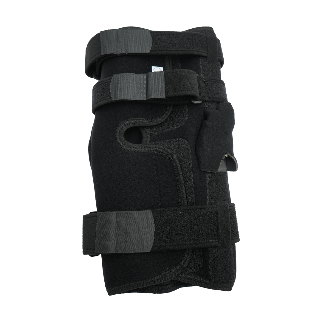 Black neoprene wrap-around knee brace with covered hinge and three adjustable Velcro straps, designed for free range of.