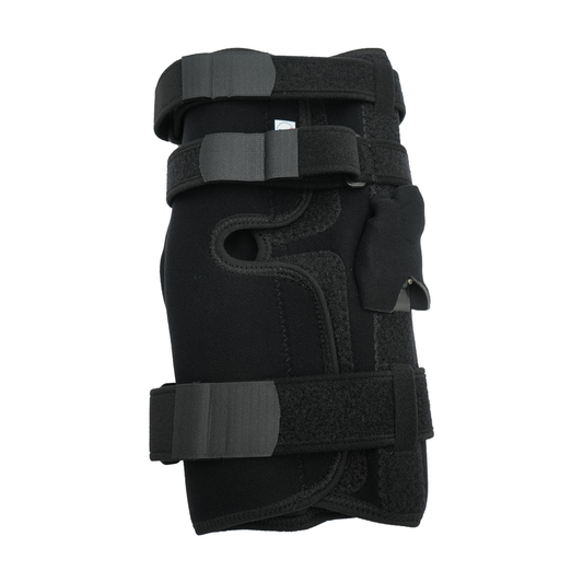 Black neoprene wrap-around knee brace with covered hinge and three adjustable Velcro straps, designed for free range of.