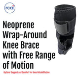 Black neoprene wrap-around knee brace with covered hinge and adjustable straps, made in the USA, RCAI, best orthopedic.