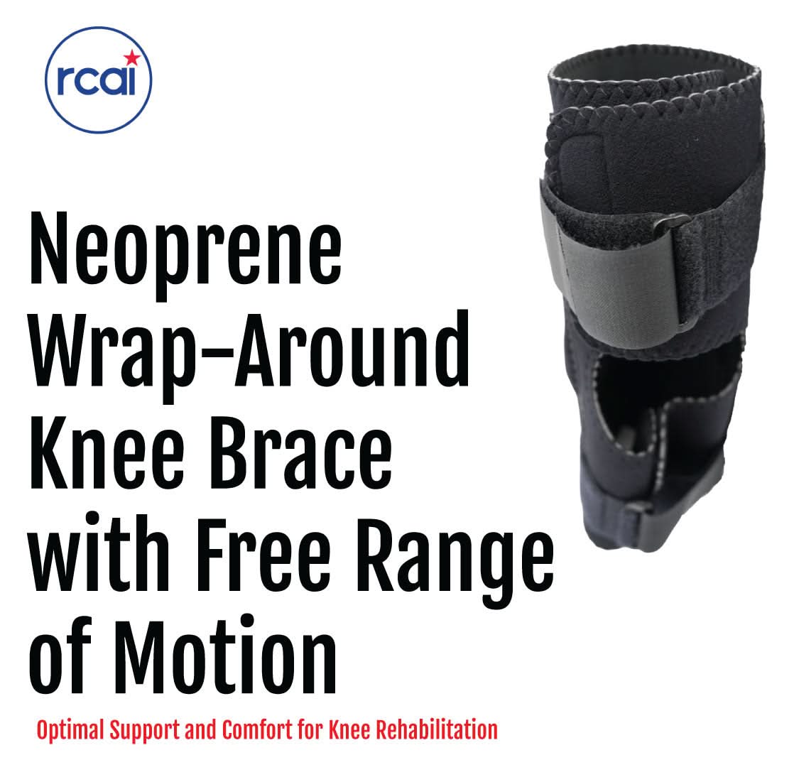 Black neoprene wrap-around knee brace with covered hinge and adjustable straps, made in the USA, RCAI, best orthopedic.