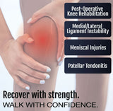 Neoprene wrap-around knee brace on bent leg highlighting covered hinge support and joint stability, promoting recovery for.