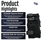 Neoprene wrap around knee brace with covered hinge, black breathable material, adjustable hook-and-loop straps, labeled made .
