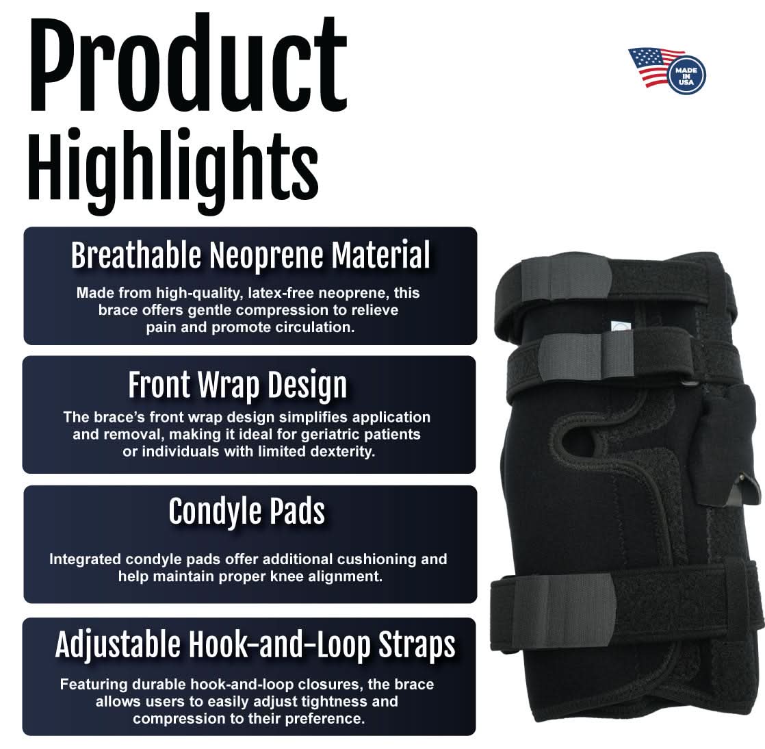 Neoprene wrap around knee brace with covered hinge, black breathable material, adjustable hook-and-loop straps, labeled made .