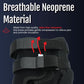 Black neoprene wrap-around knee brace with covered hinge, adjustable straps, breathable material showing airflow,.