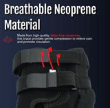Black breathable neoprene knee brace with adjustable wrap-around straps and covered hinge, made in the USA, RCAI, ideal for.