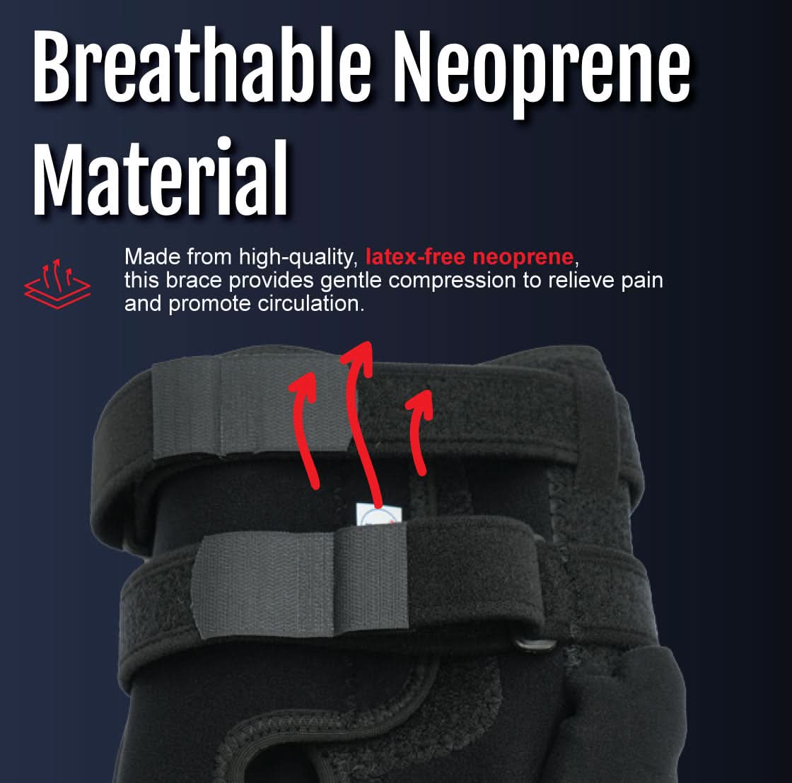 Black neoprene wrap-around knee brace with covered hinge, adjustable straps, breathable material showing airflow,.