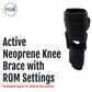 Black neoprene active knee brace with adjustable straps and range of motion settings, made in the USA, RCAI, best orthopedic .