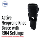 Black neoprene knee brace with adjustable velcro straps and range of motion hinge, made in the USA, RCAI, best orthopedic.