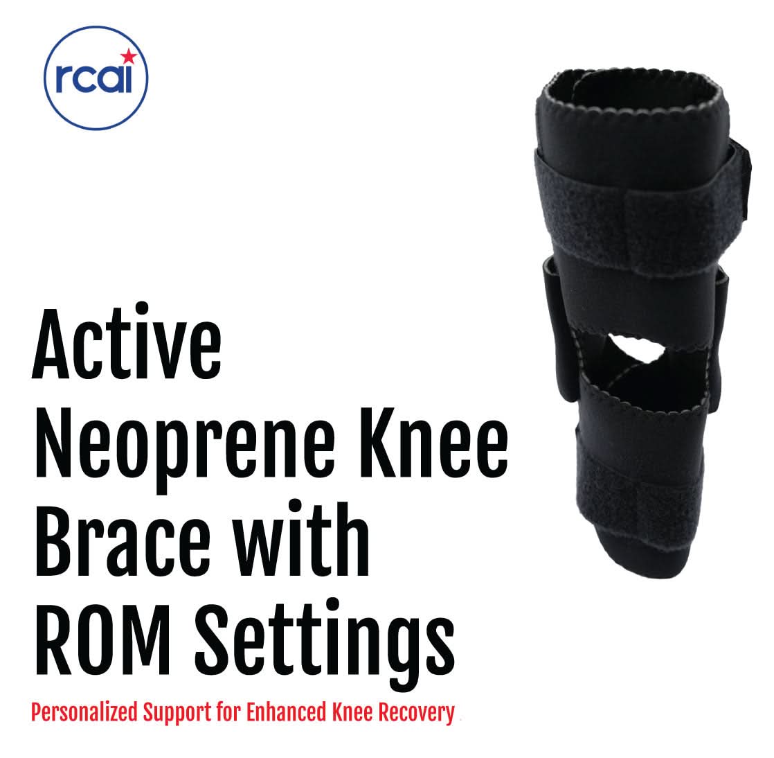 Black neoprene knee brace with adjustable velcro straps and range of motion hinge, made in the USA, RCAI, best orthopedic.