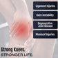 Close-up of a knee with red highlight indicating pain, accompanied by text listing ligament injuries, knee instability,.