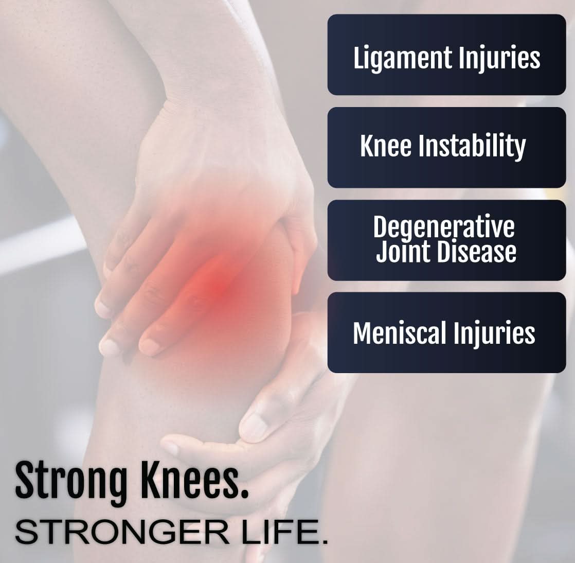 Close-up of a knee with red highlight indicating pain, accompanied by text listing ligament injuries, knee instability,.