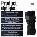 Active knee brace with bilateral metal hinges, breathable black neoprene, front wrap closure, adjustable ROM settings, made.