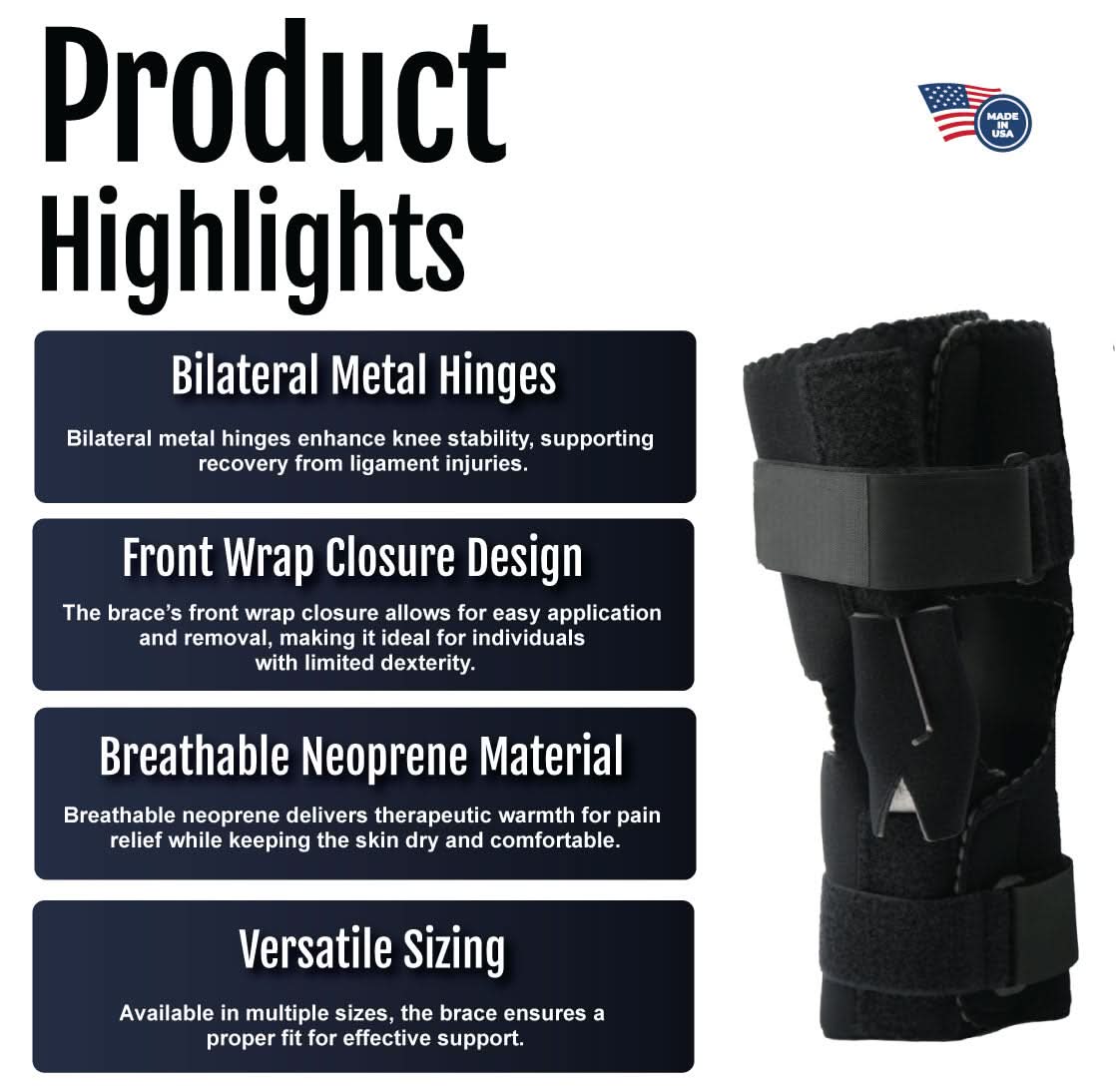Active knee brace with bilateral metal hinges, breathable black neoprene, front wrap closure, adjustable ROM settings, made.