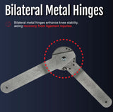 Close-up of bilateral metal hinges on active knee brace showing robust construction for stability, made in the USA, best.